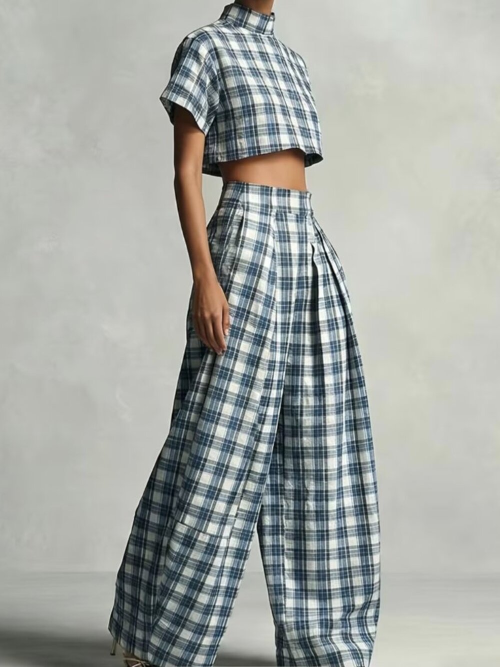 Blue & White Plaid Stand-Collar Cropped Top + High-Waisted Pleated Lantern Pants - Picture 2 of 3